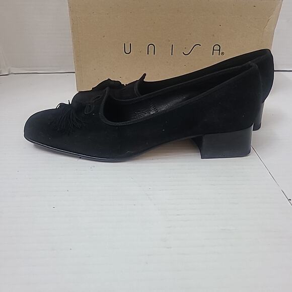 1990's Unisa Suede Black Tassled Loafer Kitten Block Heel Women's Size 6.5 Read - Picture 3 of 8